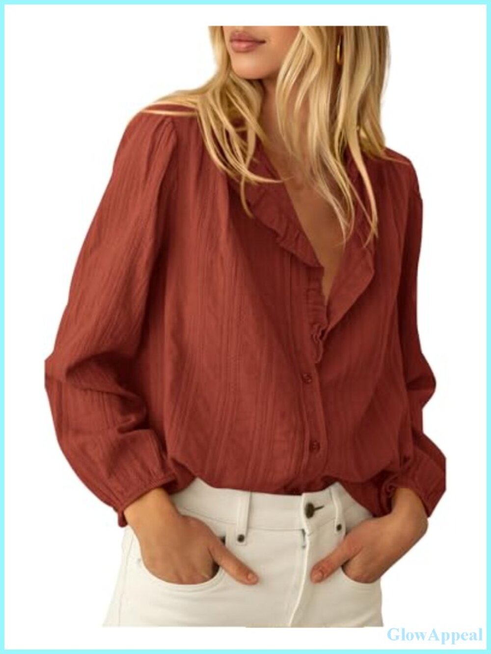 Ruffled Collar Button Down Shirt Long Sleeve Lightweight Cotton Blouse